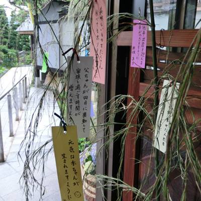 We have decorated “Tanabata Kazari (a bamboo hanging strips)” on the entrance of our hotel.